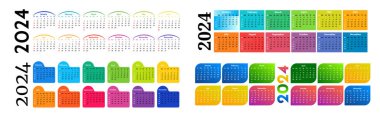 2024 için dört yatay takvim seti beyaz arka planda izole edildi. Pazardan pazartesiye, iş planı. Vektör illüstrasyonu