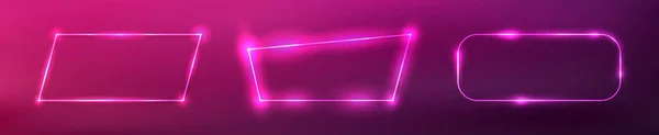 Set Three Neon Frames Shining Effects Dark Pink Background Empty — Stock Vector