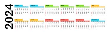 Horizontal calendar for 2024 isolated on a white background. Sunday to Monday, business template. Vector illustration