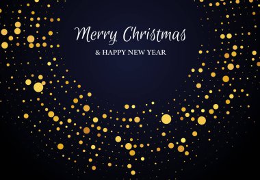 Mutlu Noeller ve daire şeklinde altın parıltılı yeni yılınız kutlu olsun. Soyut altın rengi, yarım tonlu, koyu arkaplandaki Noel tebrik kartı için noktalı arkaplan. Vektör illüstrasyonu