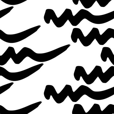 Seamless pattern with black wavy grunge brush strokes in abstract shapes on white background. Vector illustration