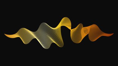 Karanlık arka planda lüks altın dalgaları olan soyut bir fon. Modern teknoloji arka planı, dalga tasarımı. Vektör illüstrasyonu