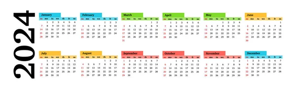 Horizontal Calendar 2024 Isolated White Background Sunday Monday Business Template — Vector de stock