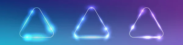 Set Tre Cornici Triangolo Arrotondate Neon Con Effetti Brillanti Sfondo — Vettoriale Stock