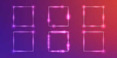 Altı adet parlak efektli neon kare çerçeve seti ve mor arka planda parıltılar. Boş parlayan tekno fon. Vektör illüstrasyonu