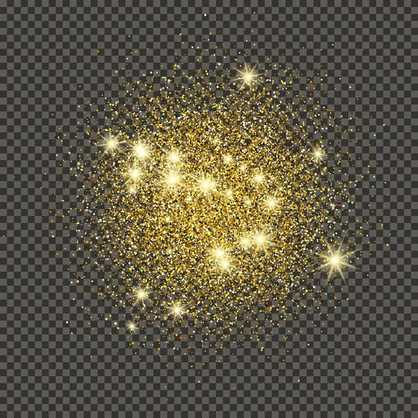 Gold glittering dust on a gray transparent background. Dust with gold glitter effect and empty space for your text.  Vector illustration