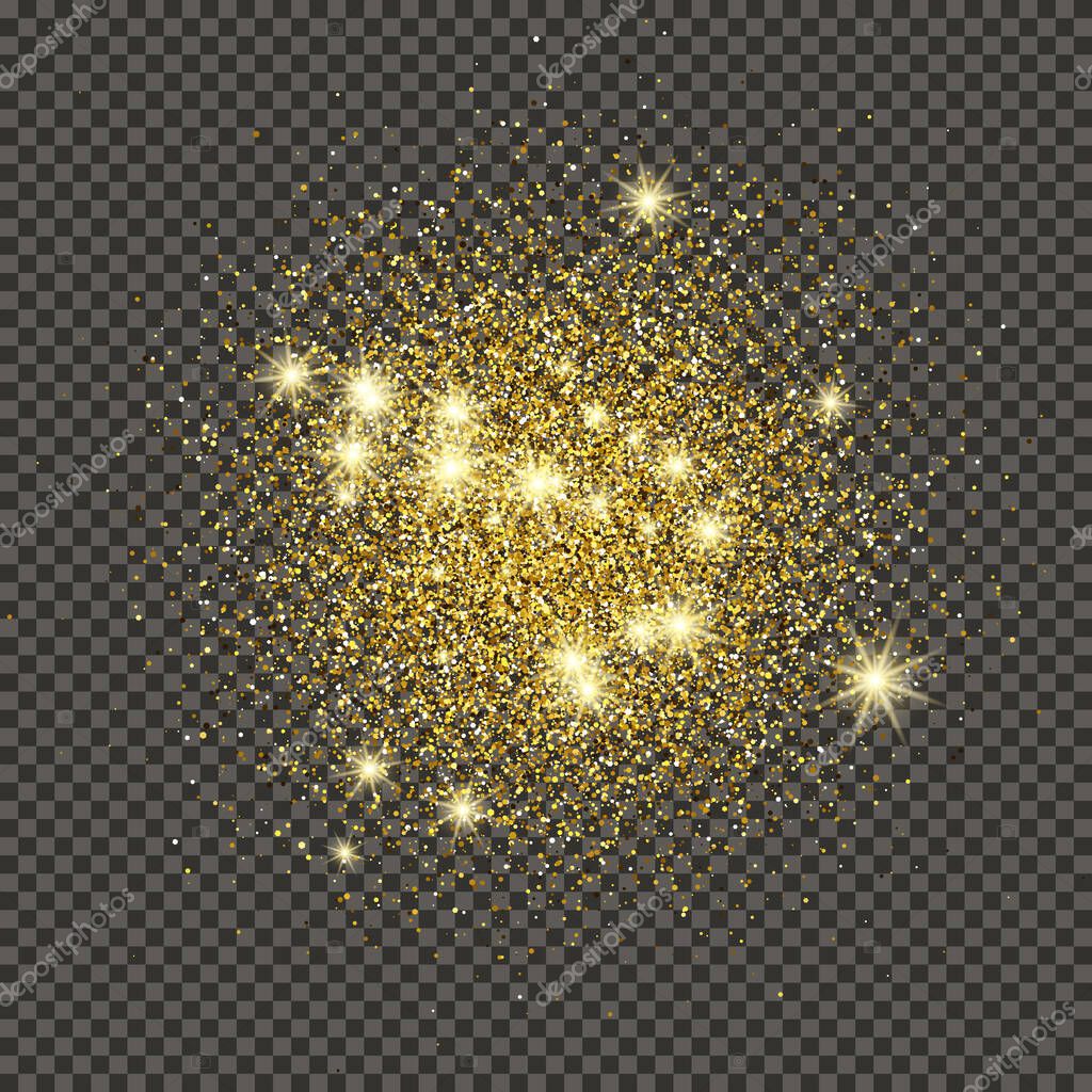 Gold glittering dust on a gray transparent background. Dust with gold glitter effect and empty space for your text.  Vector illustration