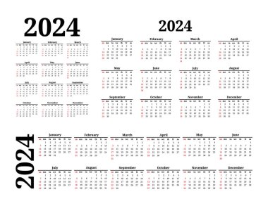 2024 için üç takvim seti beyaz arka planda izole edilmiş farklı formlarda. Pazardan pazartesiye, iş planı. Vektör illüstrasyonu