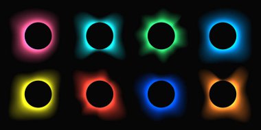 Circle illuminate frame with gradient. Set of eight round neon banners isolated on black background. Vector illustration