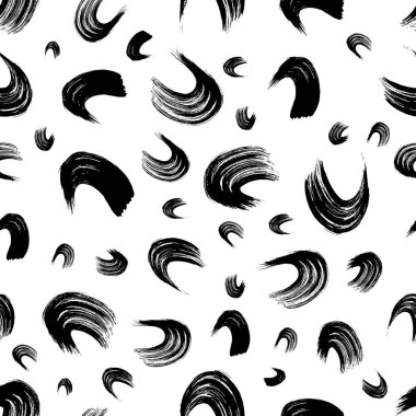 Seamless pattern with black wavy grunge brush strokes in abstract shapes on white background. Vector illustration
