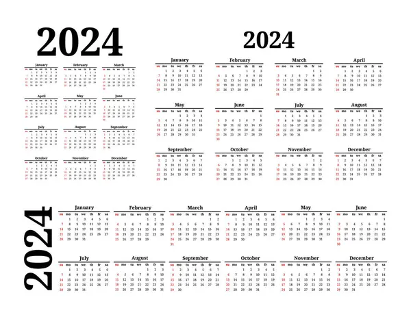 一组2024年的三个日历 以不同的形式隔离在一个白色背景上 周日到周一 业务模板 矢量说明 — 图库矢量图片