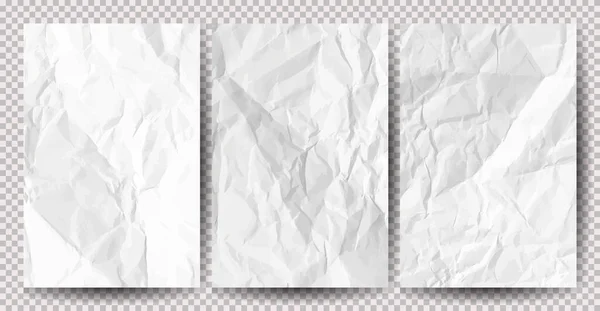 Set Carte Bianche Pulite Stropicciate Sfondo Trasparente Sgualcito Fogli Vuoti — Vettoriale Stock