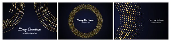 圣诞快乐 新年快乐 背景是金光闪闪的圆形图案 一套抽象的金色发光的半色调点缀背景为圣诞假期贺卡深色背景 矢量说明 — 图库矢量图片