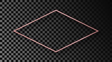 Rose gold glowing rhombus shape frame with shadow isolated on dark transparent background. Shiny frame with glowing effects. Vector illustration