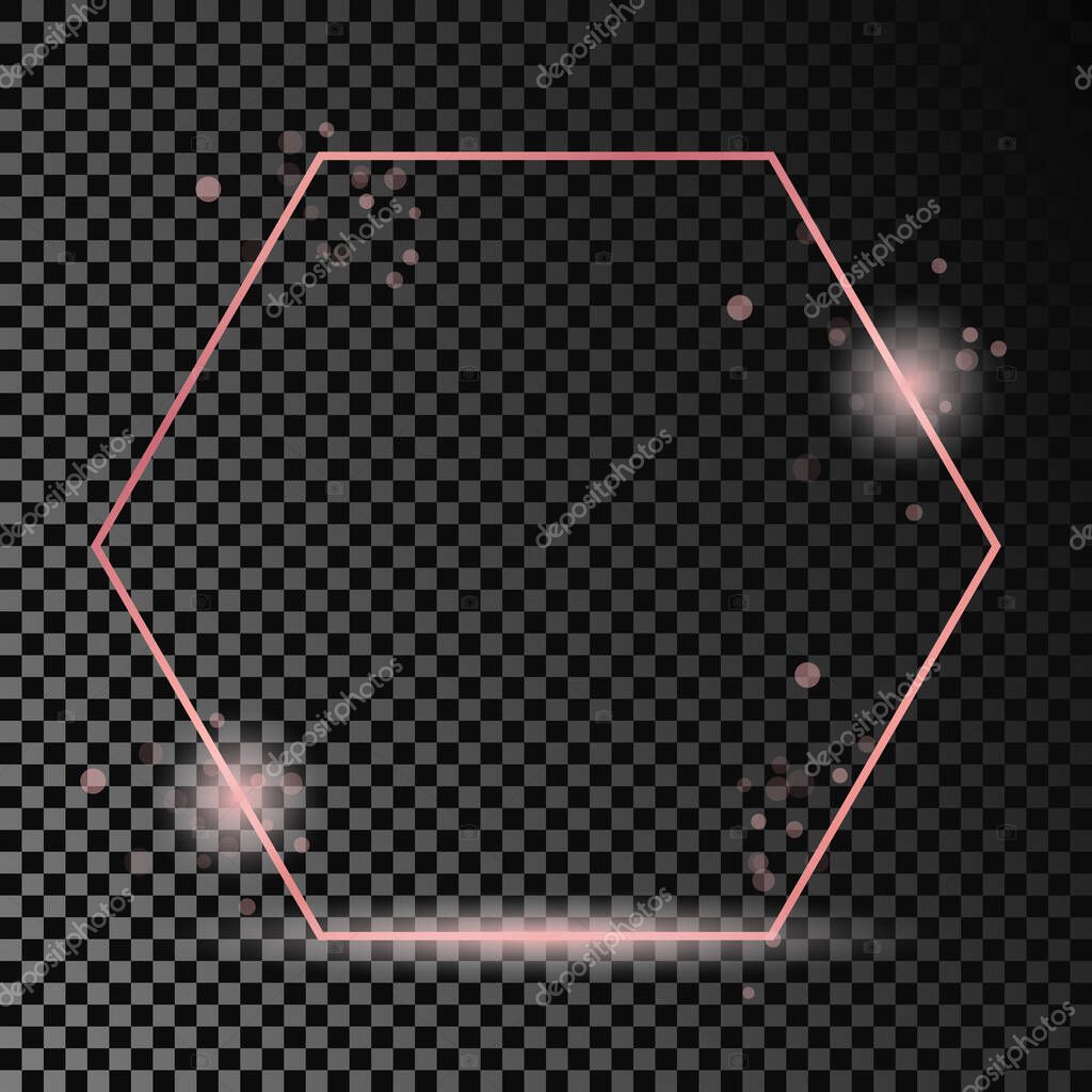 Rose gold glowing hexagon frame isolated on dark transparent background. Shiny frame with glowing effects. Vector illustration