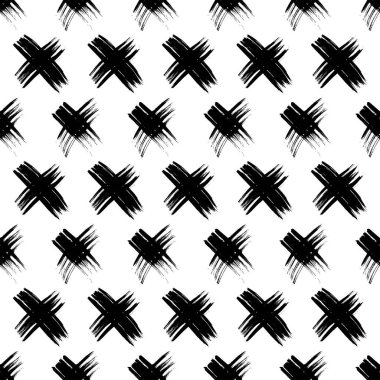 Elle çizilmiş çapraz sembollü kusursuz desen. Beyaz arka planda siyah çizim işareti. Vektör illüstrasyonu