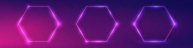 Koyu mor arka planda parlak efektleri olan üç neon altıgen çerçeve seti. Boş parlayan tekno fon. Vektör illüstrasyonu