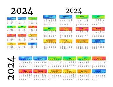 2024 için üç takvim seti beyaz arka planda izole edilmiş farklı formlarda. Pazardan pazartesiye, iş planı. Vektör illüstrasyonu