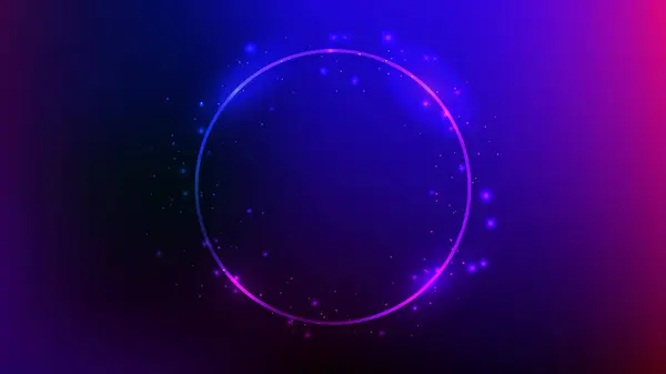 Neon Cirkel Frame Met Stralende Effecten Schittert Donkerblauwe Achtergrond Lege — Stockvector