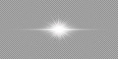 Lens fişeklerinin ışık etkisi. Gri şeffaf arkaplanda parıldayan beyaz yatay ışık patlaması efekti. Vektör illüstrasyonu