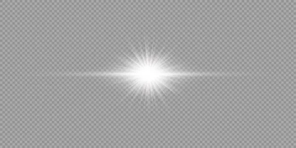 レンズフレアの光効果 灰色の透明な背景に輝きを持つ白い水平輝く光のスターバースト効果 ベクターイラスト — ストックベクタ