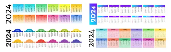 Set Four Horizontal Calendars 2024 Isolated White Background Sunday Monday — Stock Vector