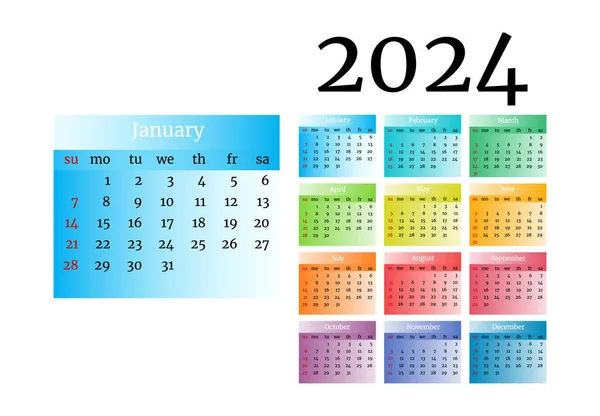 Kalender Für 2024 Isoliert Auf Weißem Hintergrund Sonntag Bis Montag — Stockvektor