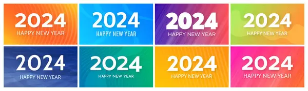 2024 Gelukkig Nieuwjaar Achtergronden Set Van Acht Moderne Wensbanner Sjablonen — Stockvector