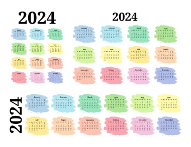 2024 için üç takvim seti beyaz arka planda izole edilmiş farklı formlarda. Pazardan pazartesiye, iş planı. Vektör illüstrasyonu