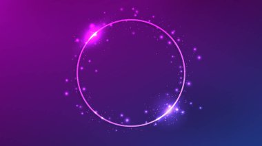 Parlak efektli neon daire çerçeve ve koyu mor arka planda parıltılar. Boş parlayan tekno fon. Vektör illüstrasyonu