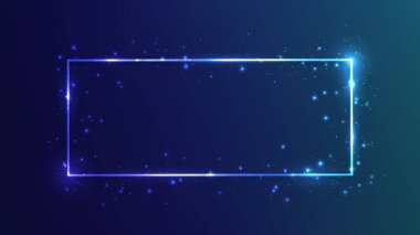 Parlak efektlere ve koyu mavi arka planda parıltılara sahip neon dikdörtgen çerçeve. Boş parlayan tekno fon. Vektör illüstrasyonu