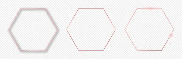 Set Three Rose Gold Glowing Hexagon Frames Isolated Transparent Background — Stock Vector