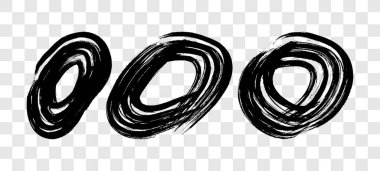 Siyah grunge fırça darbeleri daire şeklinde. Üç adet boyalı mürekkep çemberi. Mürekkep lekesi şeffaf arkaplanda izole edilmiş. Vektör illüstrasyonu