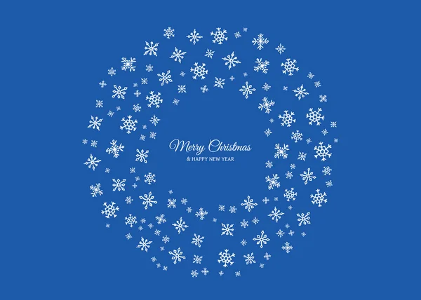 メリークリスマスとハッピーニューイヤーのバックドロップは 円形の白い雪片で ブルーバックグラウンドのクリスマスグリーティングカードの休日の背景 ベクトルイラスト — ストックベクタ