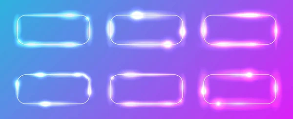 Set Six Neon Rounded Rectangular Frames Shining Effects Sparkles Purple — Stock Vector