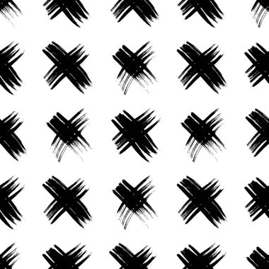 Elle çizilmiş çapraz sembollü kusursuz desen. Beyaz arka planda siyah çizim işareti. Vektör illüstrasyonu