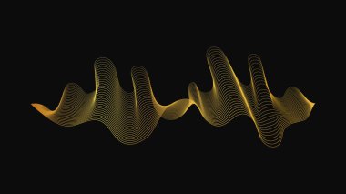 Karanlık arka planda lüks altın dalgaları olan soyut bir fon. Modern teknoloji arka planı, dalga tasarımı. Vektör illüstrasyonu