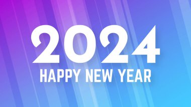 2024 Mutlu Yıllar arkaplanı. Mavi soyut arkaplan üzerinde beyaz 2024 Yeni Yıl numaraları bulunan modern selamlama afişi şablonu. Vektör illüstrasyonu