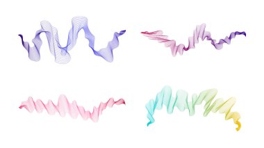 Dalgalı kavisli çizgiler. Beyaz zemin üzerinde dört soyut renkli dalga çizgisi seti. Vektör illüstrasyonu