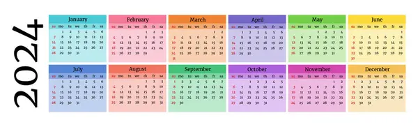 Horizontal Calendar 2024 Isolated White Background Sunday Monday Business Template — Stockvektor