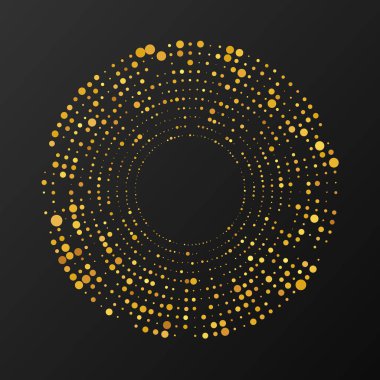 Soyut altın parlayan yarım tonlu noktalı arkaplan. Daire şeklinde altın parıltı deseni. Yarım ton noktalarını çember yapın. Vektör illüstrasyonu