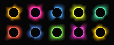 Circle illuminate frame with gradient. Big set of round neon banners isolated on black background. Vector illustration