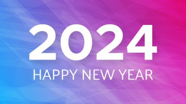 2024 Mutlu Yıllar arkaplanı. Mor soyut arkaplan üzerinde beyaz 2024 Yeni Yıl numaraları bulunan modern selamlama afişi şablonu. Vektör illüstrasyonu