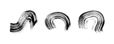 Siyah fırça darbesi. Beyaz arka planda üç el çizilmiş mürekkep lekesi var. Vektör illüstrasyonu