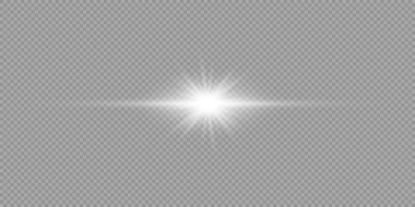 Light effect of lens flares. White horizontal glowing light starburst effect with sparkles on a grey transparent background. Vector illustration clipart