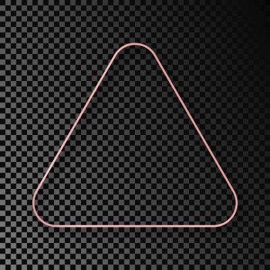 Rose gold glowing rounded triangle frame with shadow isolated on dark transparent background. Shiny frame with glowing effects. Vector illustration