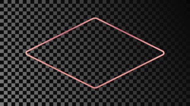 Rose gold glowing rounded rhombus shape frame isolated on dark transparent background. Shiny frame with glowing effects. Vector illustration