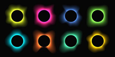Circle illuminate frame with gradient. Set of eight round neon banners isolated on black background. Vector illustration