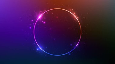 Parlak efektli neon daire çerçeve ve koyu mor arka planda parıltılar. Boş parlayan tekno fon. Vektör illüstrasyonu