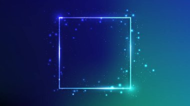 Parlak efektleri ve koyu mavi arka planda parıltıları olan neon kare çerçeve. Boş parlayan tekno fon. Vektör illüstrasyonu